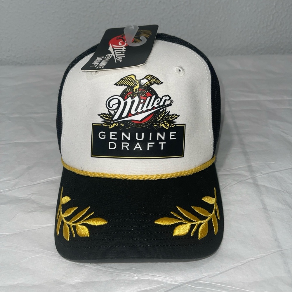Miller Genuine Draft baseball hat with gold rope and embroidery